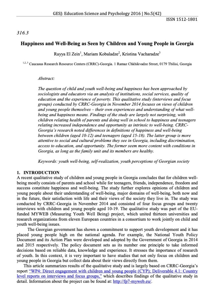 Article | Happiness and Well-Being as Seen by Children and Young People in Georgia